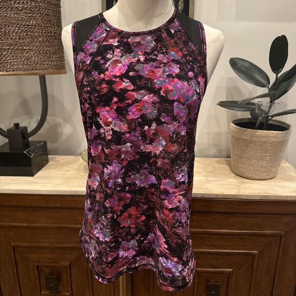 Lululemon Pink Fluoro Floral Multi Print Cutout Sculpt Tank Sleeveless Top Sz 8 - Picture 1 of 5